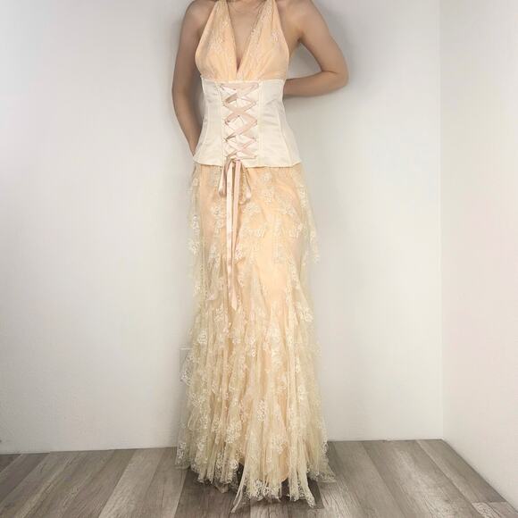 Vintage Coquette Corset Style Tiered Lace Formal Halter Dress Jessica Mcclintock - Picture 1 of 8